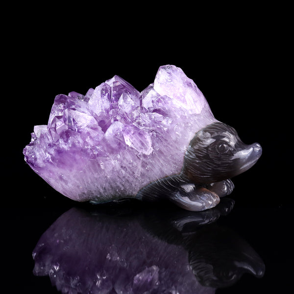 3.8"Amethyst Druse Agate Hand Carved Crystal Hedgehog Sculpture crysvibe