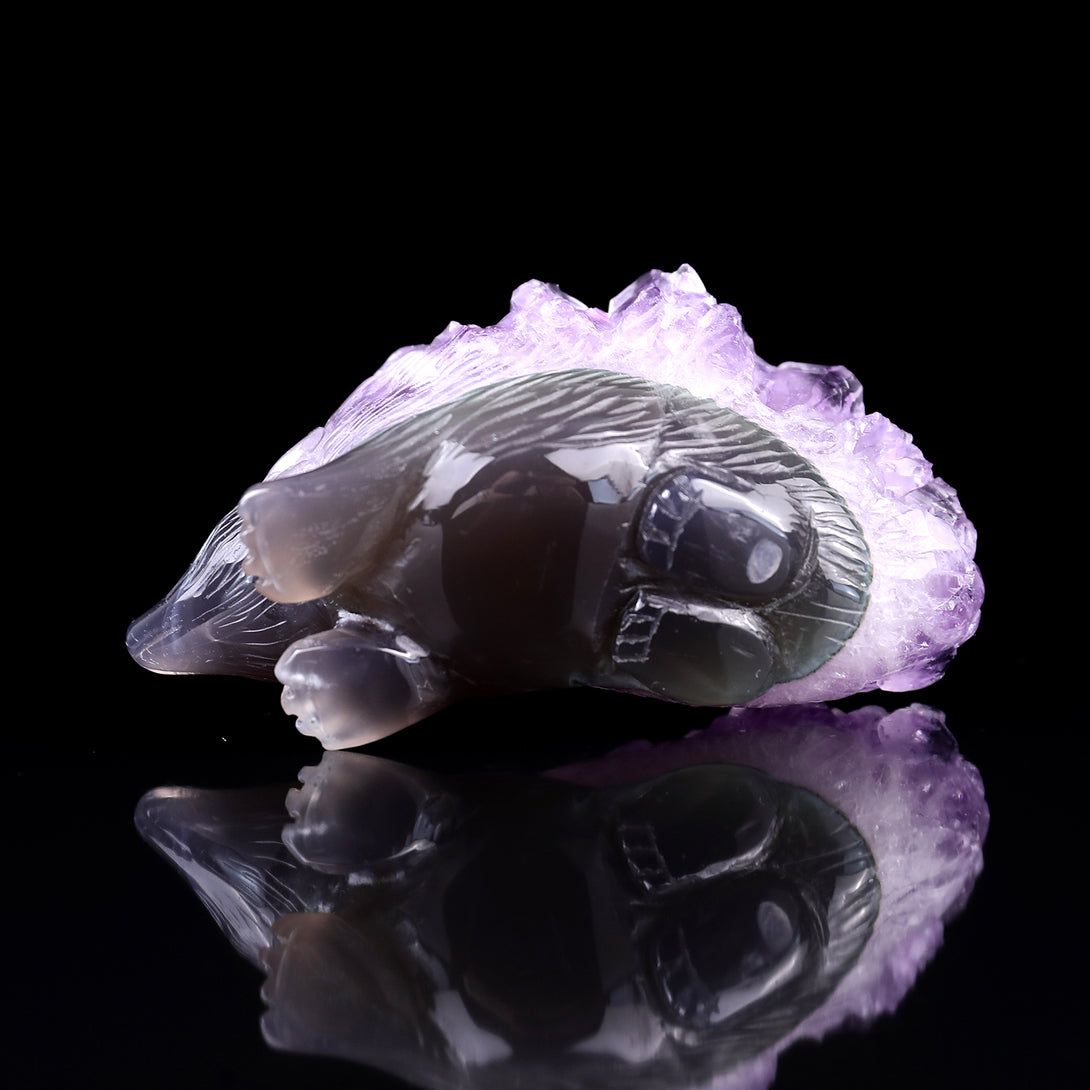 3.8"Amethyst Druse Agate Hand Carved Crystal Hedgehog Sculpture crysvibe