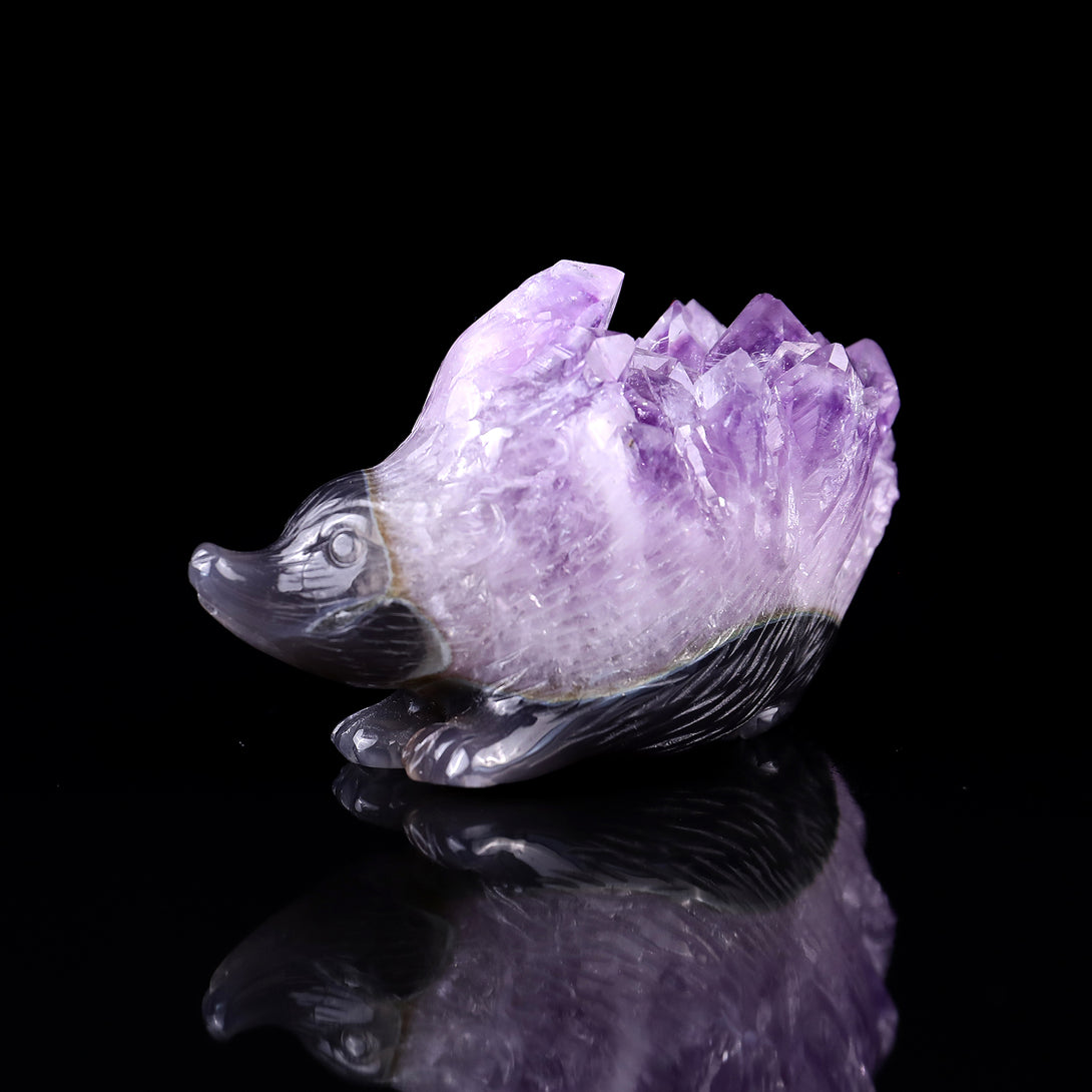 3.8"Amethyst Druse Agate Hand Carved Crystal Hedgehog Sculpture crysvibe