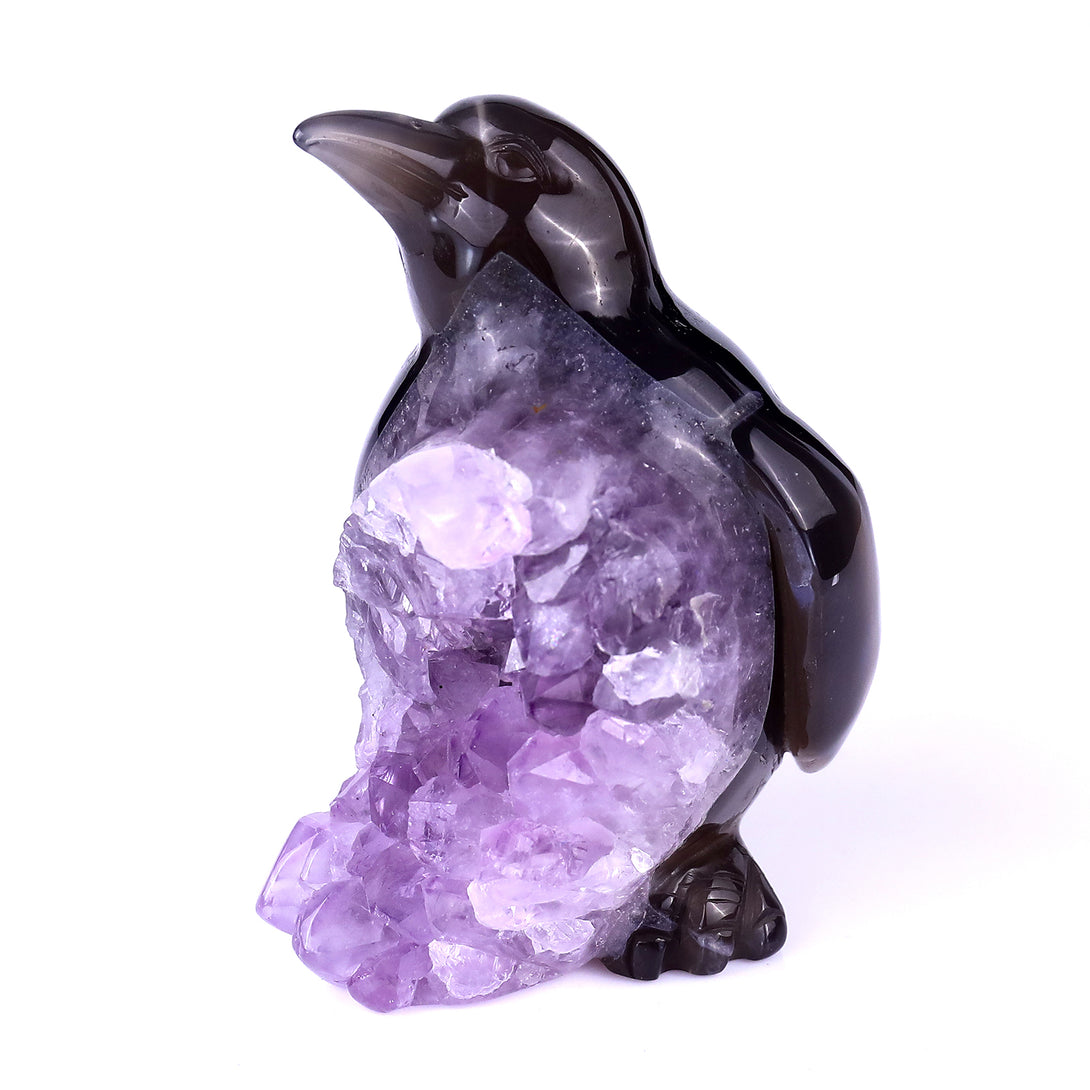 3.9" Amethyst Druse Agate Hand Carved Crystal Penguin Sculpture crysvibe