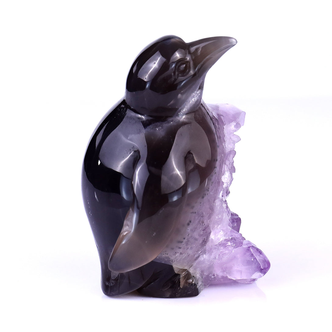 3.9" Amethyst Druse Agate Hand Carved Crystal Penguin Sculpture crysvibe