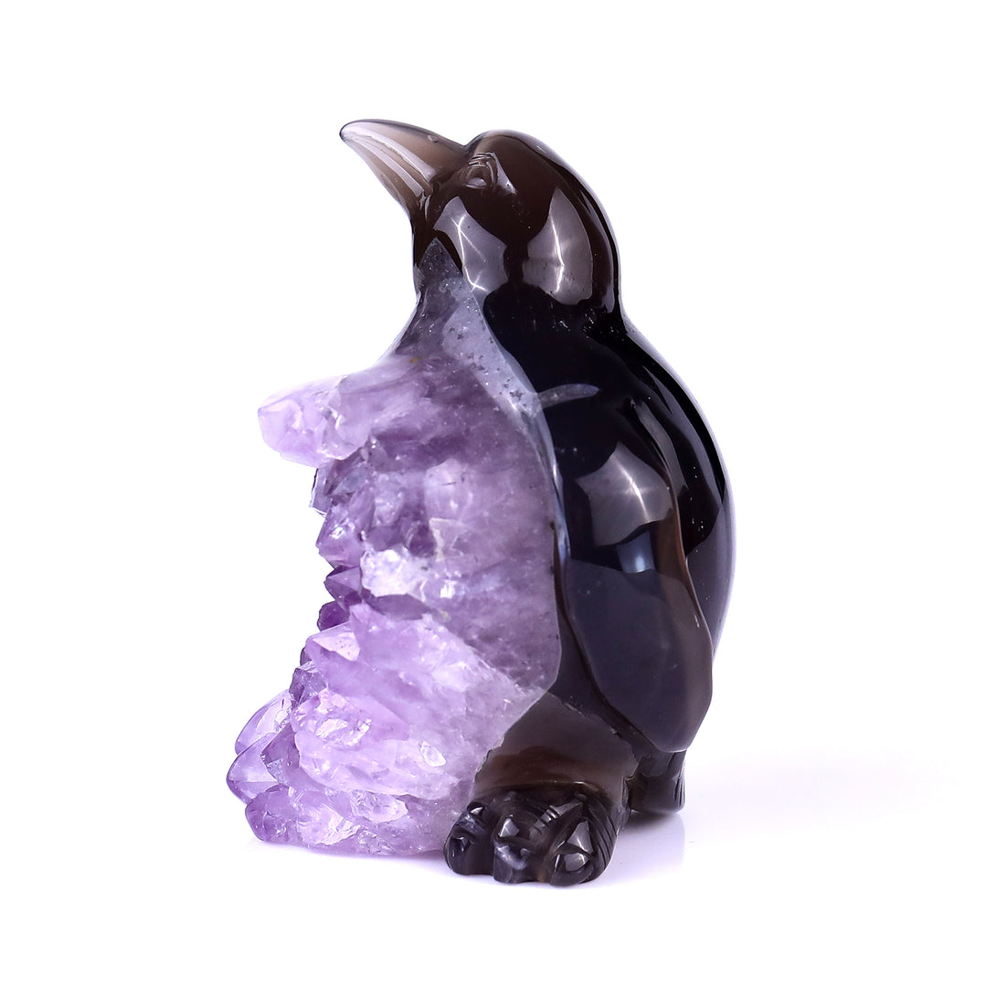 3.9" Amethyst Druse Agate Hand Carved Crystal Penguin Sculpture crysvibe