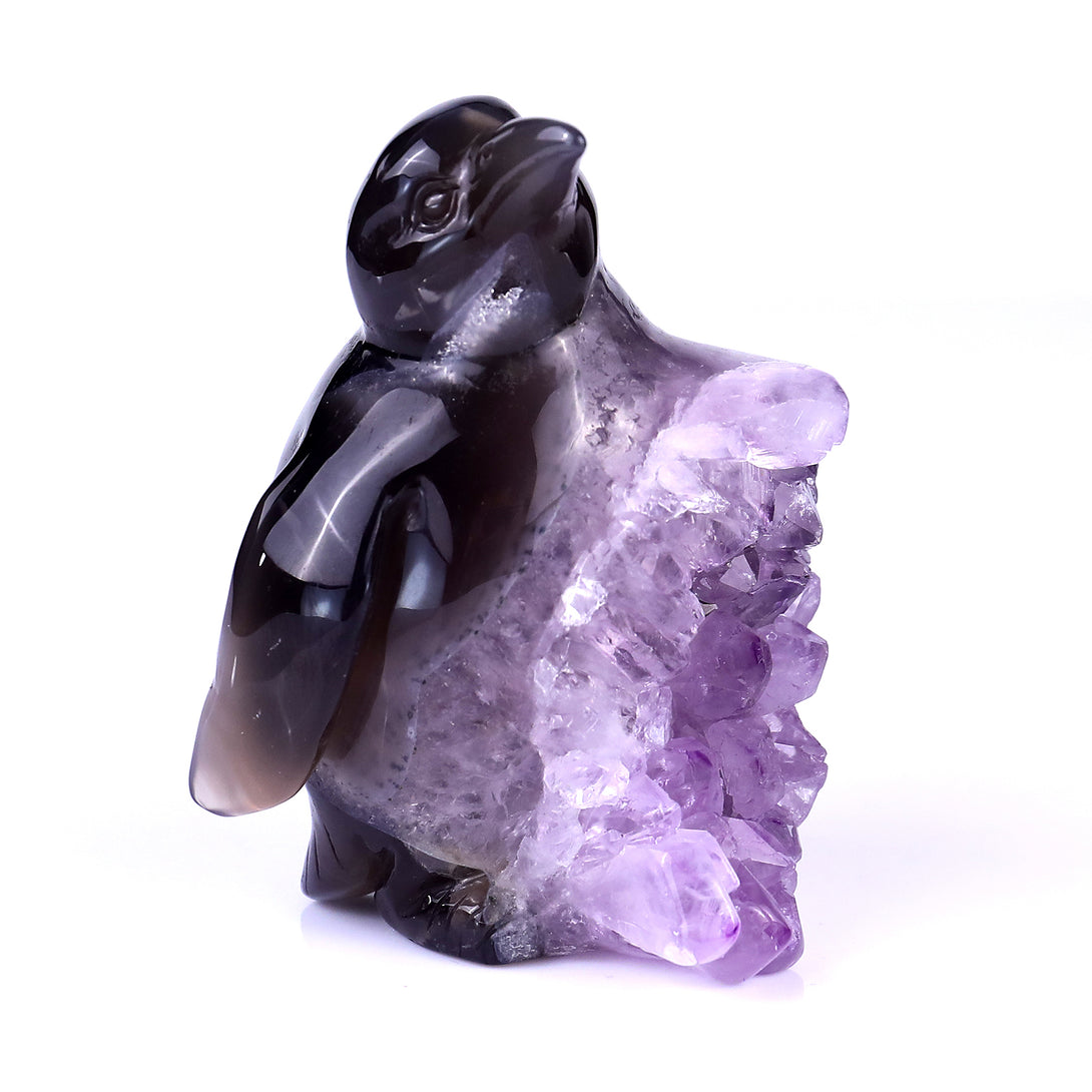 3.9" Amethyst Druse Agate Hand Carved Crystal Penguin Sculpture crysvibe