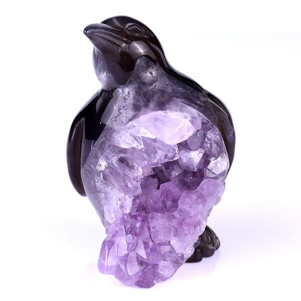 3.9" Amethyst Druse Agate Hand Carved Crystal Penguin Sculpture crysvibe