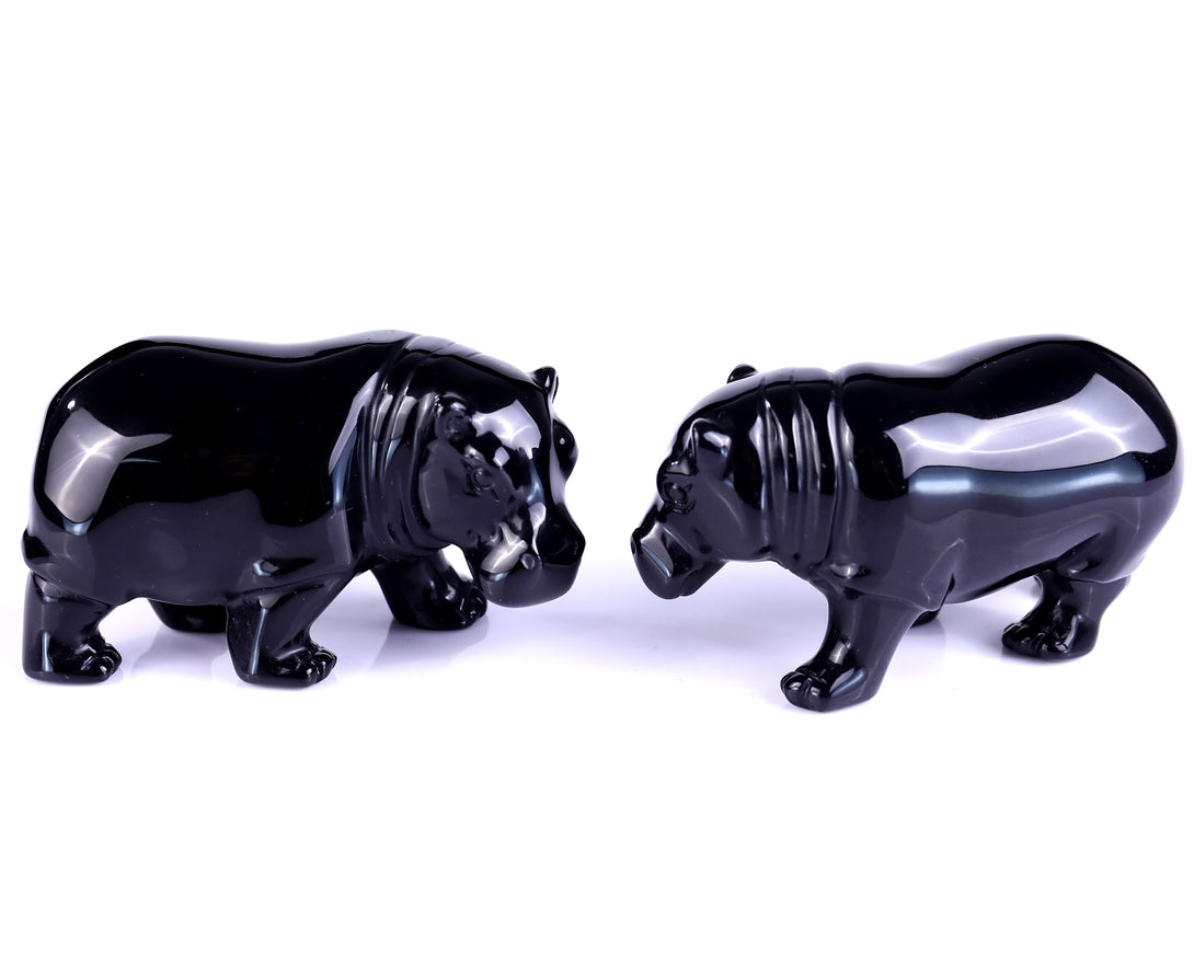 3.9" Black Obsidian Hand Carved Crystal Hippo Sculpture crysvibe