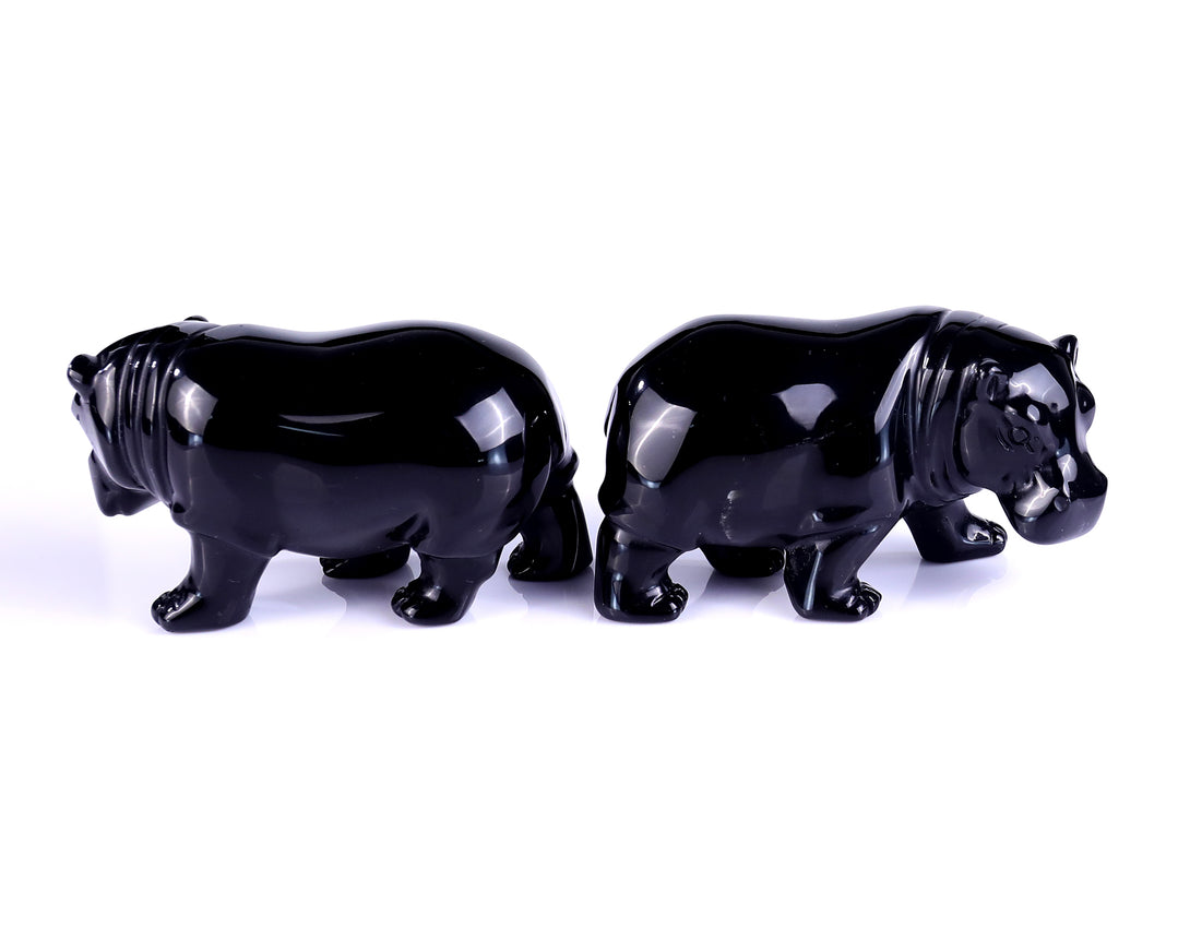 3.9" Black Obsidian Hand Carved Crystal Hippo Sculpture crysvibe