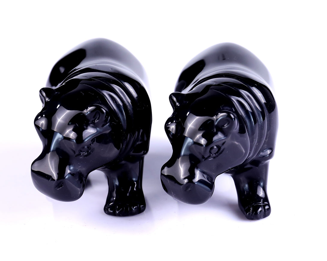 3.9" Black Obsidian Hand Carved Crystal Hippo Sculpture crysvibe