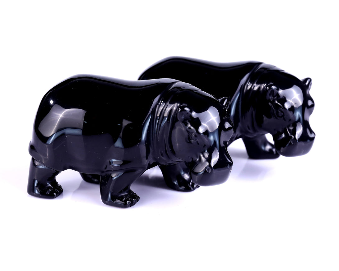 3.9" Black Obsidian Hand Carved Crystal Hippo Sculpture crysvibe