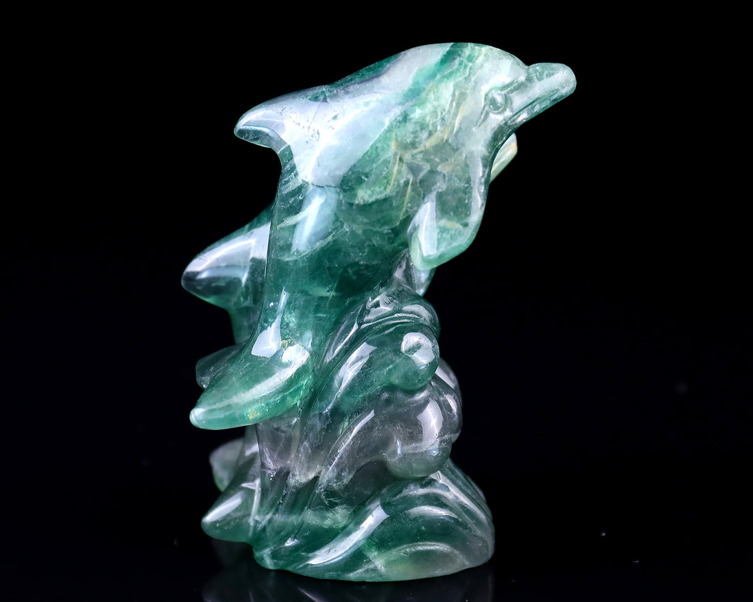 3.9" Fluorite Hand Carved Crystal Dolphins Sculpture crysvibe