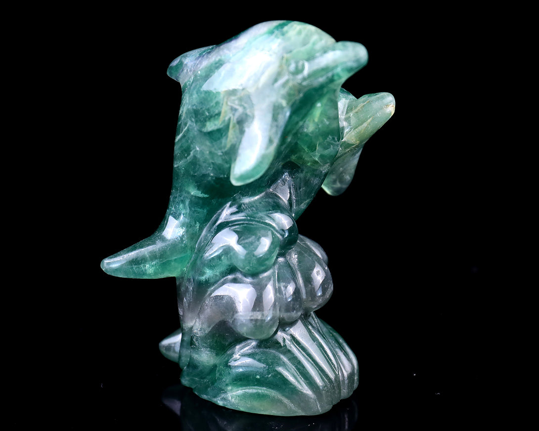 3.9" Fluorite Hand Carved Crystal Dolphins Sculpture crysvibe