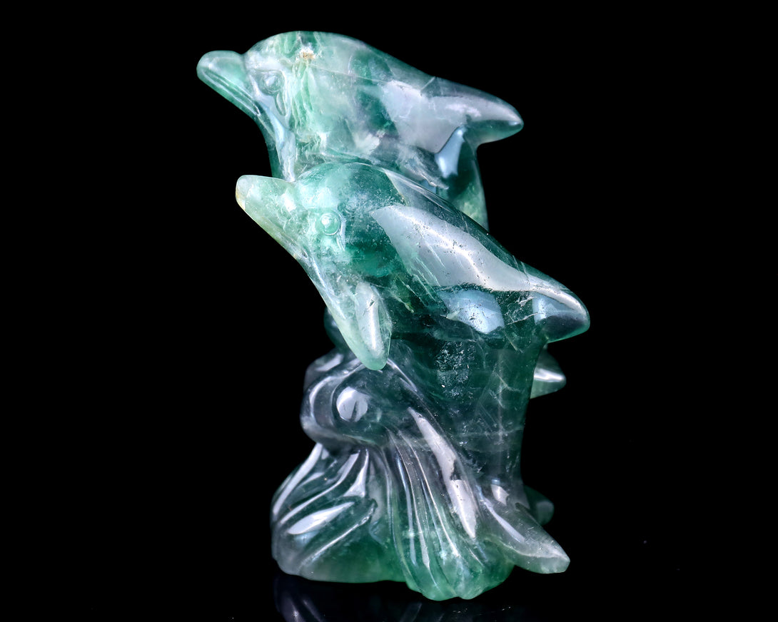 3.9" Fluorite Hand Carved Crystal Dolphins Sculpture crysvibe