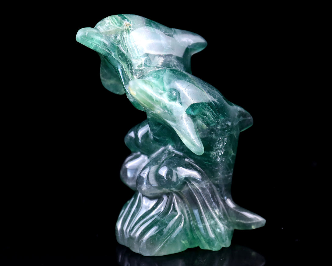 3.9" Fluorite Hand Carved Crystal Dolphins Sculpture crysvibe