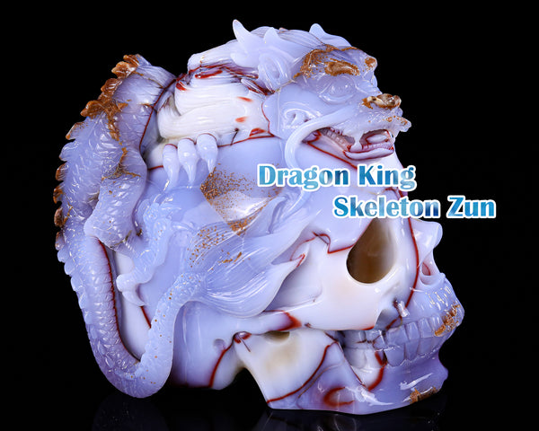 Unique 6.5" Blue Chalcedony Hand Carved Crystal Dragon King Skeleton Zun Skull Sculpture