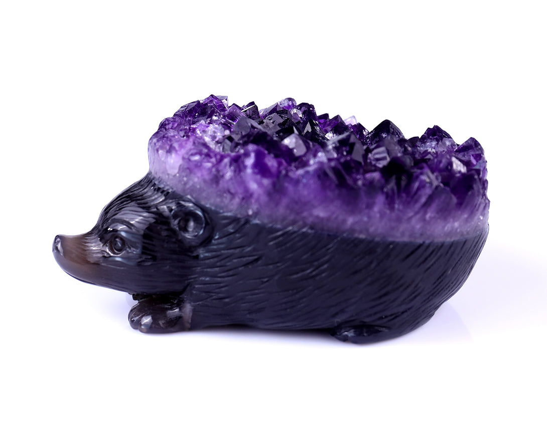 4.1" Amethyst Druse Agate Hand Carved Crystal Hedgehog Sculpture crysvibe