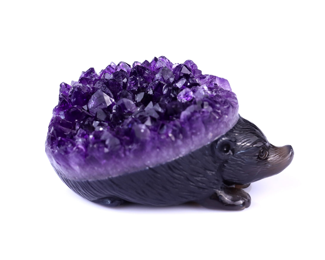 4.1" Amethyst Druse Agate Hand Carved Crystal Hedgehog Sculpture crysvibe