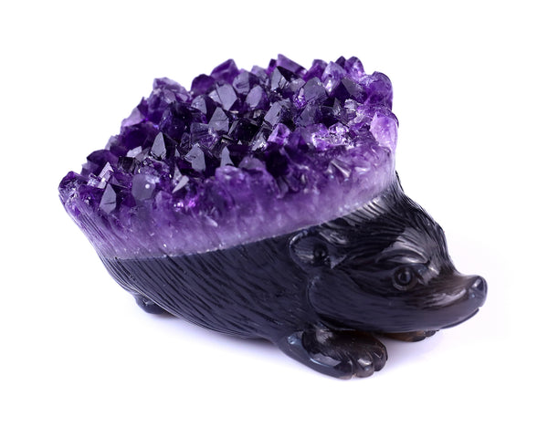 4.1" Amethyst Druse Agate Hand Carved Crystal Hedgehog Sculpture crysvibe