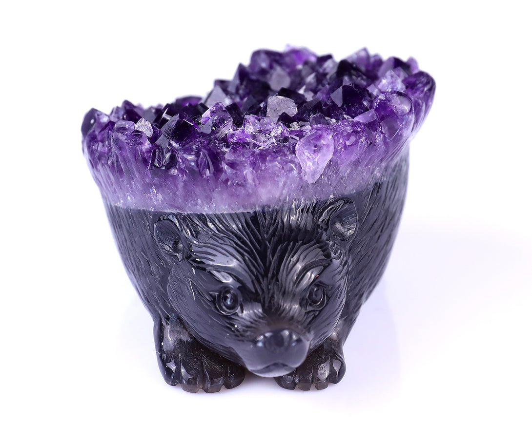 4.1" Amethyst Druse Agate Hand Carved Crystal Hedgehog Sculpture crysvibe