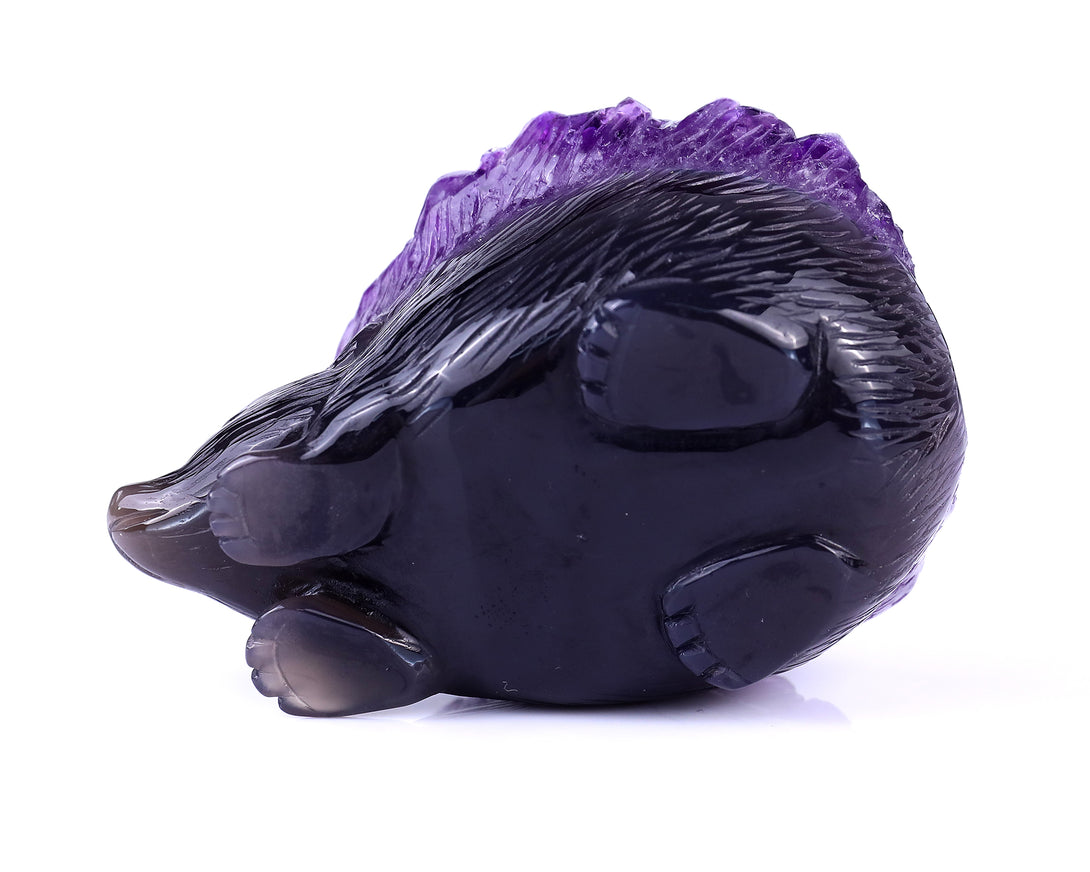 4.1" Amethyst Druse Agate Hand Carved Crystal Hedgehog Sculpture crysvibe