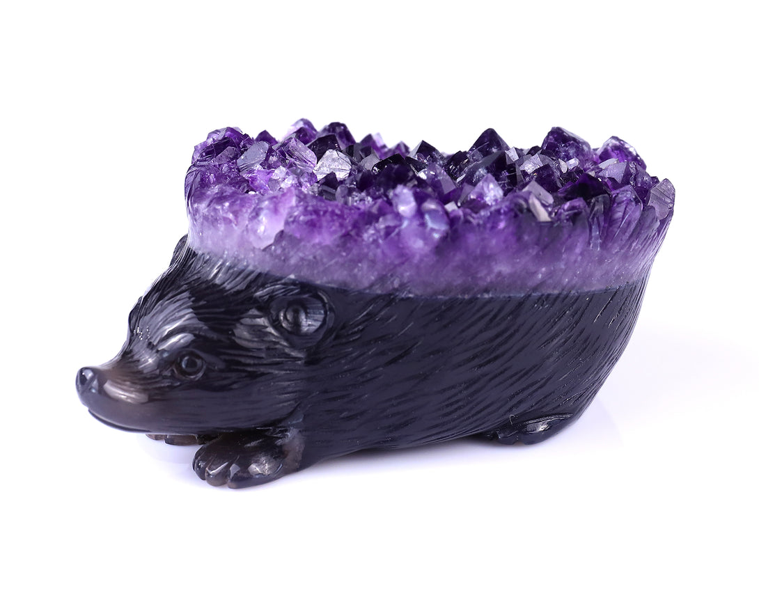 4.1" Amethyst Druse Agate Hand Carved Crystal Hedgehog Sculpture crysvibe