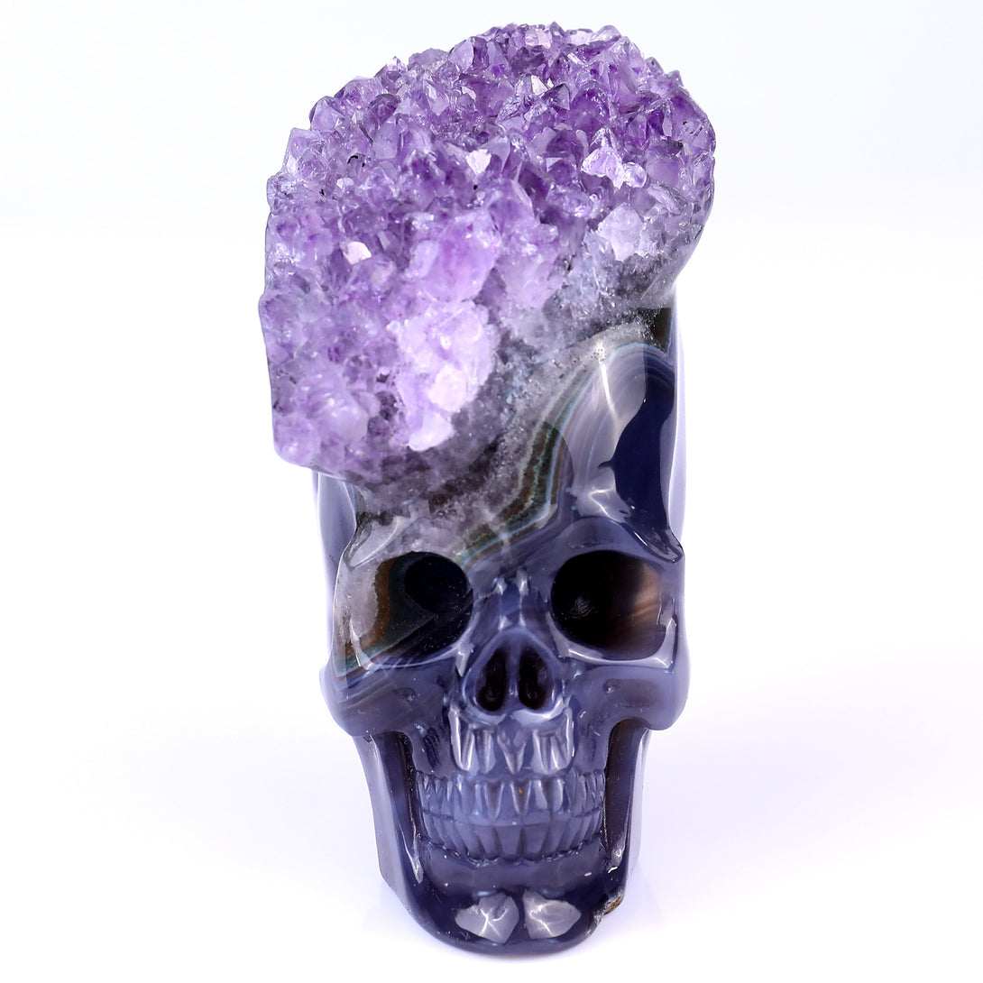 4.1" Amethyst Druse Agate Hand Carved Mineral Specimen Skull Sculpture crysvibe