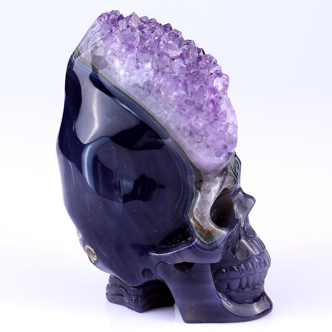 4.1" Amethyst Druse Agate Hand Carved Mineral Specimen Skull Sculpture crysvibe