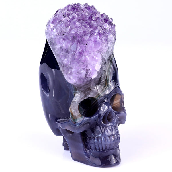 4.1" Amethyst Druse Agate Hand Carved Mineral Specimen Skull Sculpture crysvibe