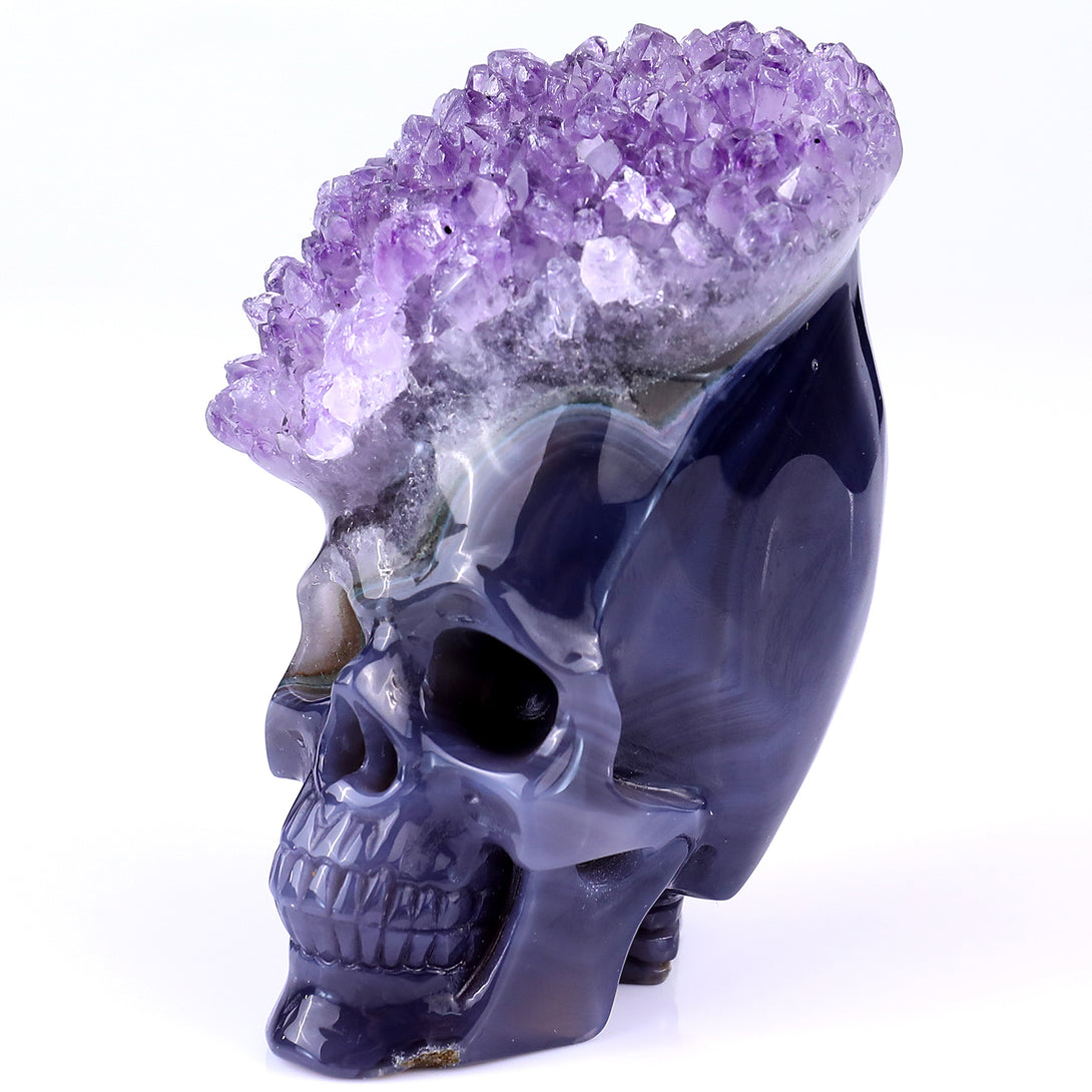 4.1" Amethyst Druse Agate Hand Carved Mineral Specimen Skull Sculpture crysvibe