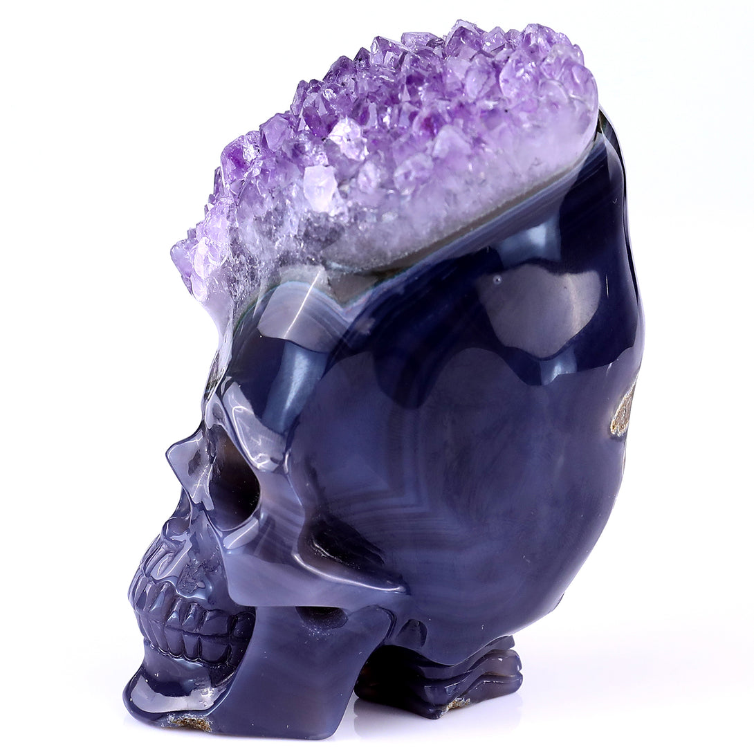 4.1" Amethyst Druse Agate Hand Carved Mineral Specimen Skull Sculpture crysvibe