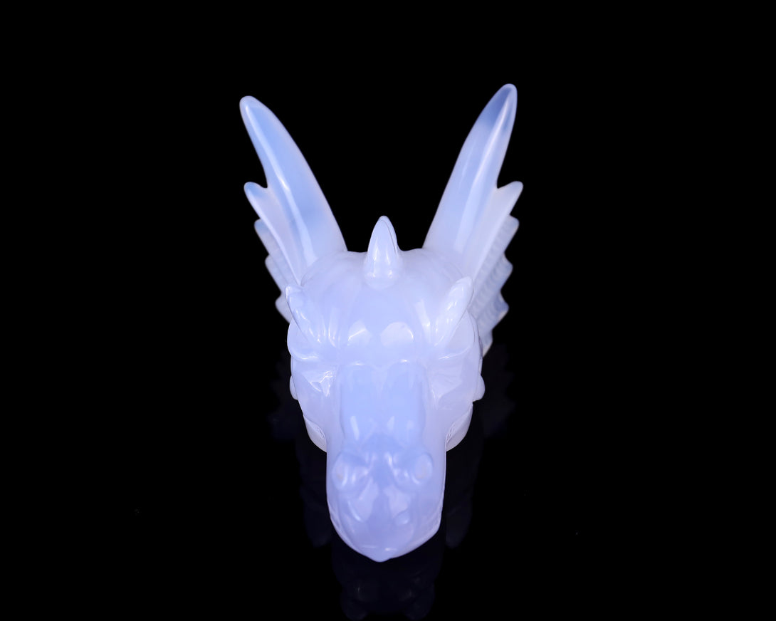 4.1" Blue Chalcedony Hand Carved Crystal Dragon Skull Sculpture crysvibe