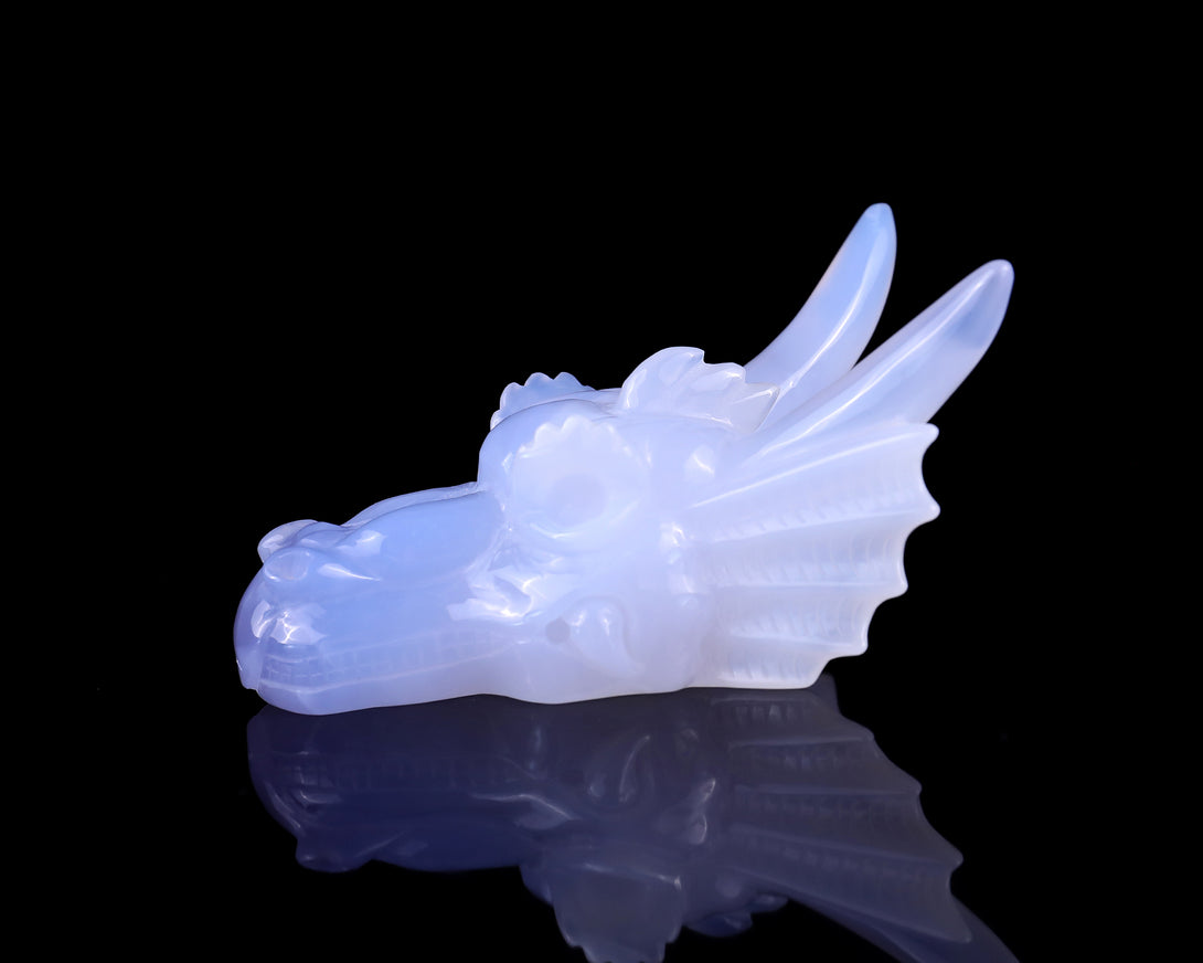 4.1" Blue Chalcedony Hand Carved Crystal Dragon Skull Sculpture crysvibe