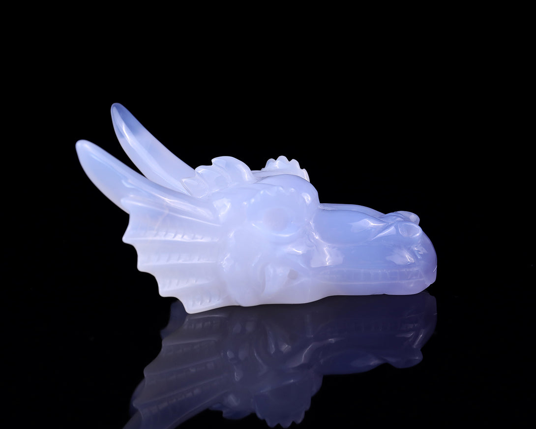 4.1" Blue Chalcedony Hand Carved Crystal Dragon Skull Sculpture crysvibe