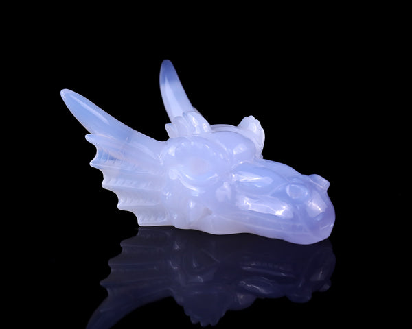 4.1" Blue Chalcedony Hand Carved Crystal Dragon Skull Sculpture crysvibe