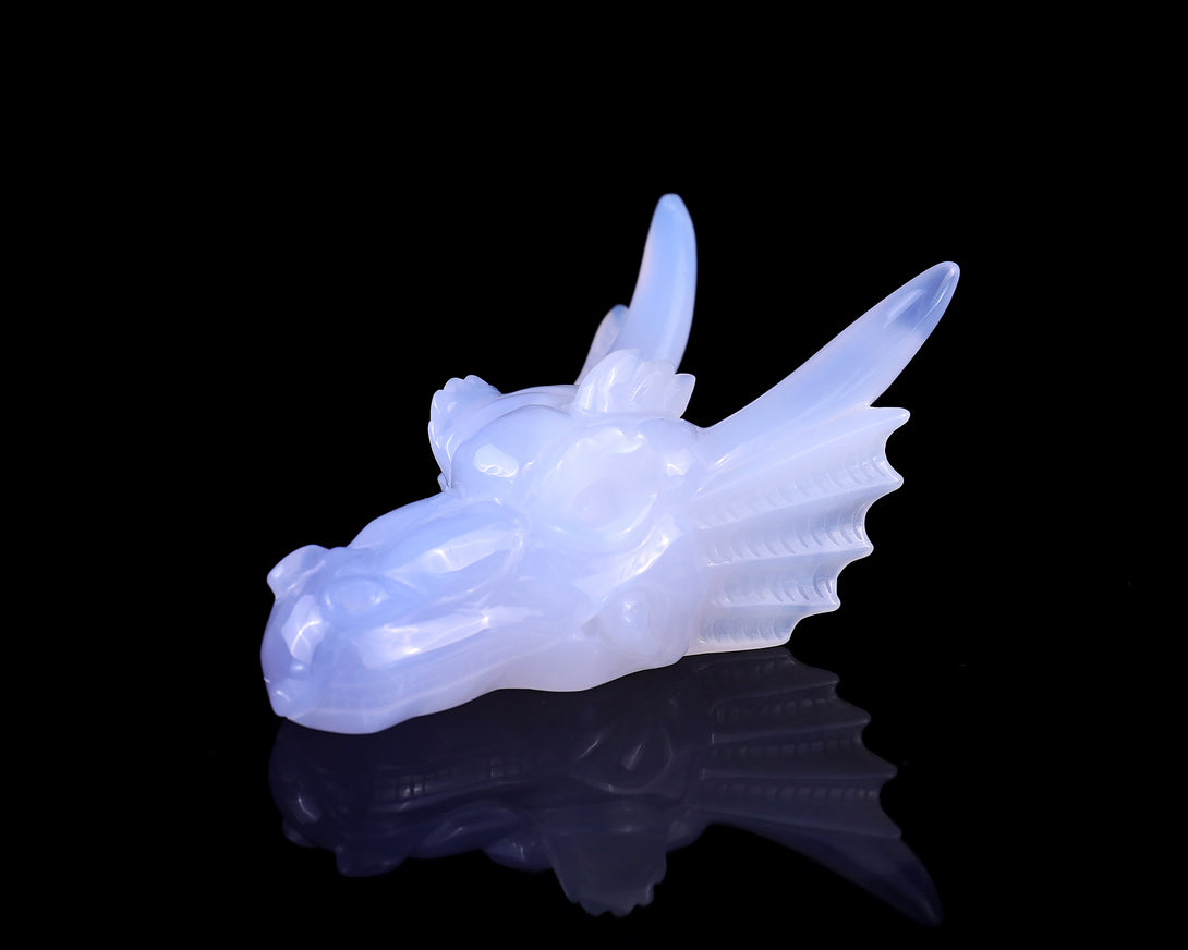 4.1" Blue Chalcedony Hand Carved Crystal Dragon Skull Sculpture crysvibe