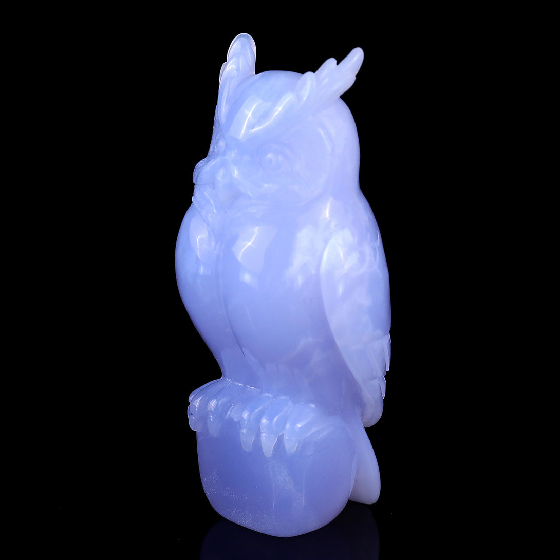 4.1" Blue Chalcedony Hand Carved Crystal Owl Sculpture crysvibe