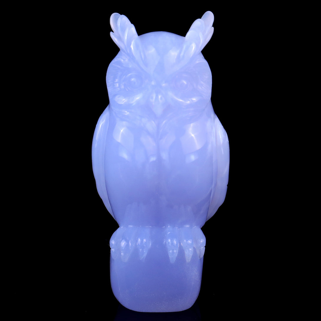 4.1" Blue Chalcedony Hand Carved Crystal Owl Sculpture crysvibe