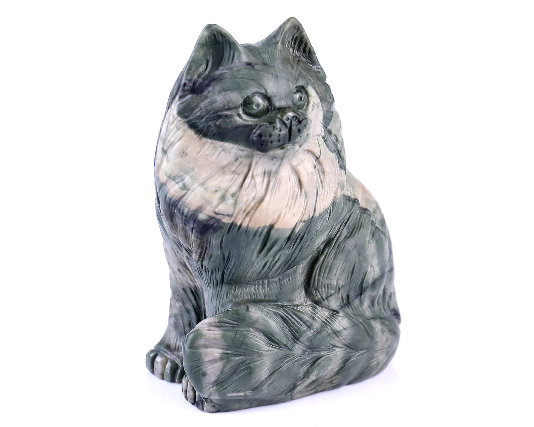 4.1" Jiulong Jade Hand Carved Crystal Persian Cat Sculpture crysvibe