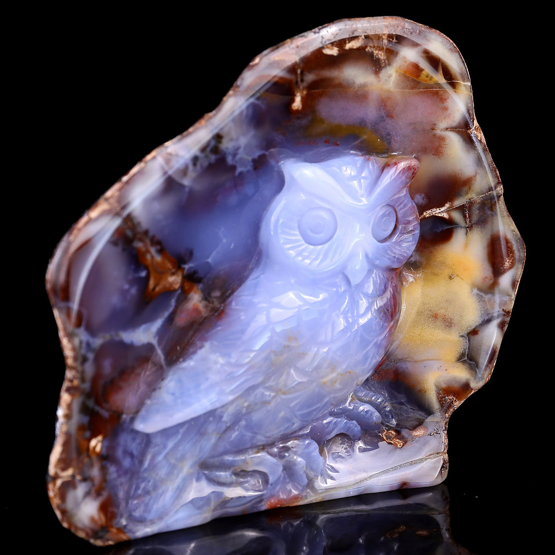 4.2" Blue Chalcedony Hand Carved Crystal Owl Sculpture crysvibe