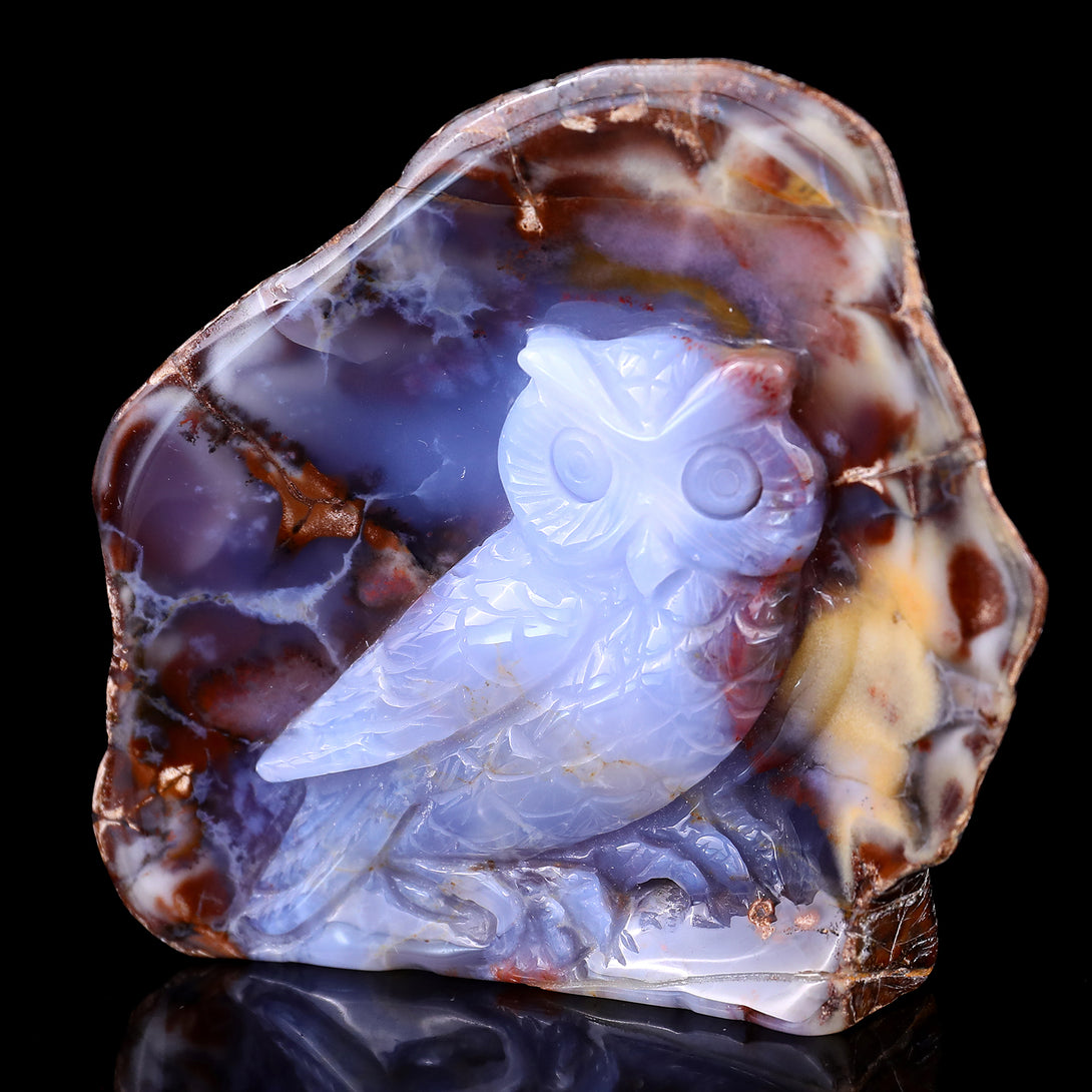 4.2" Blue Chalcedony Hand Carved Crystal Owl Sculpture crysvibe