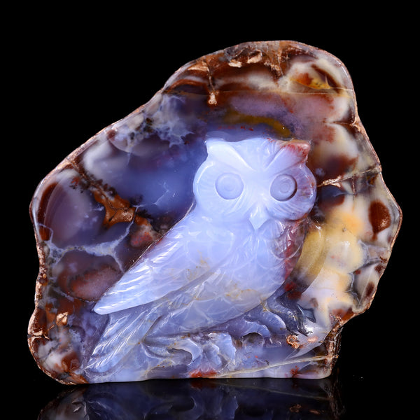 4.2" Blue Chalcedony Hand Carved Crystal Owl Sculpture crysvibe