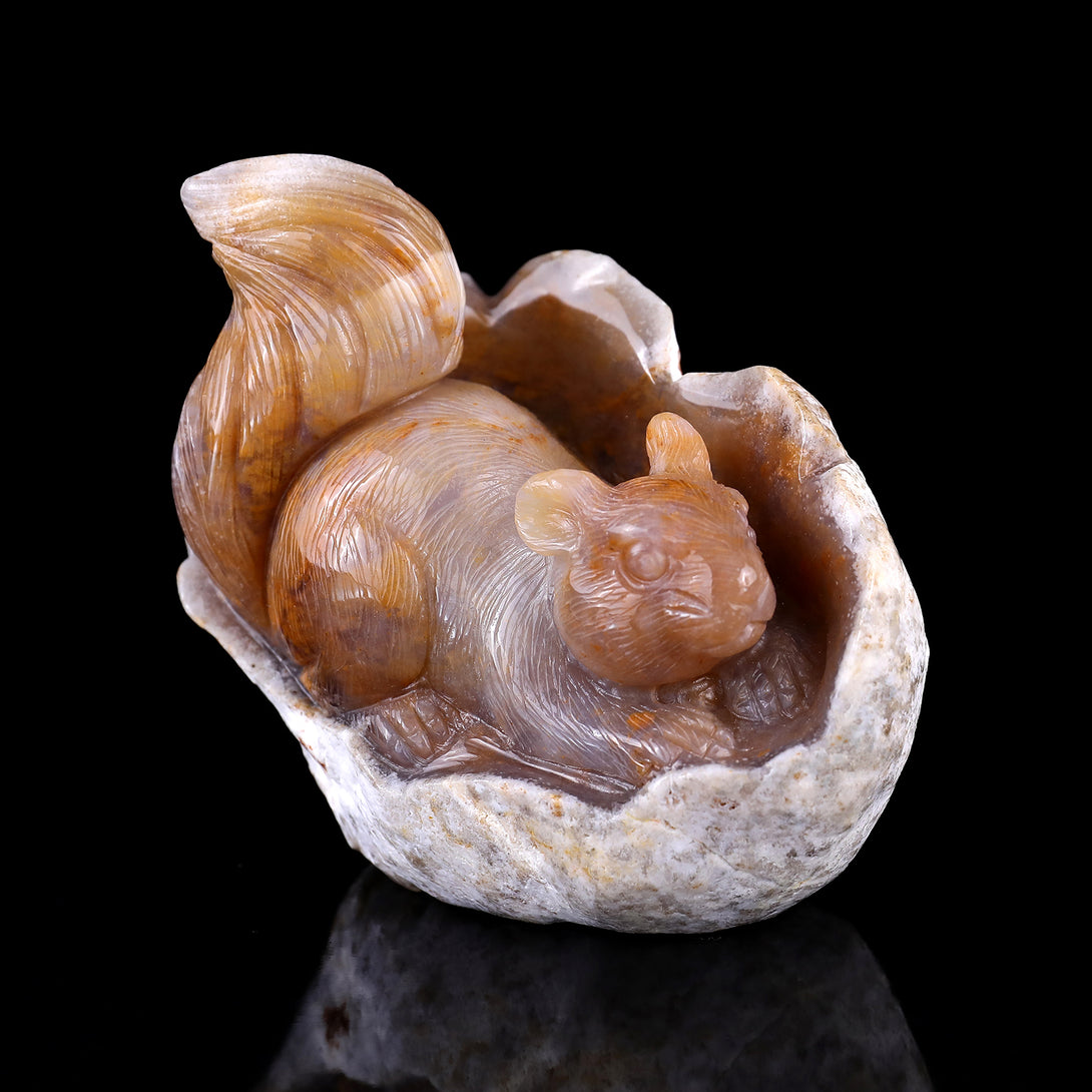 4.3" Chalcedony Hand Carved Crystal Squirrel Sculpture crysvibe