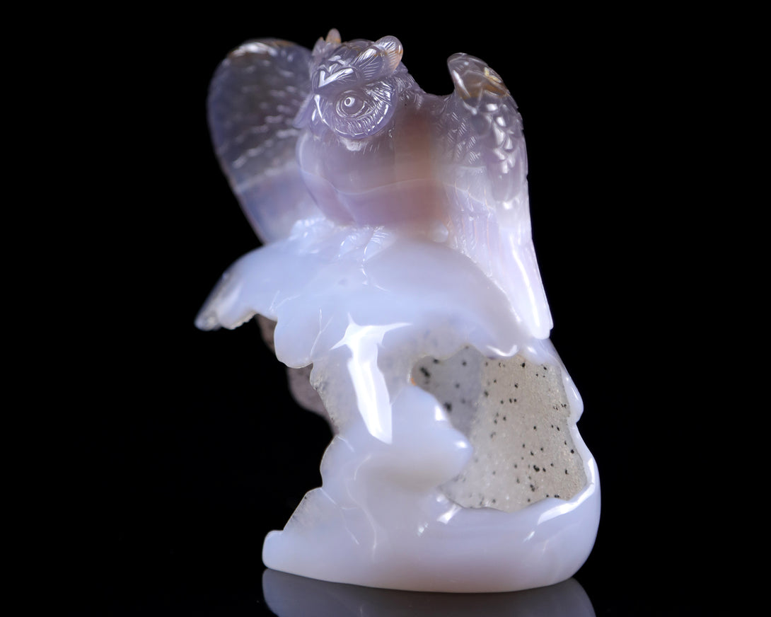 4.6" Blue Chalcedony Hand Carved Crystal Owl Sculpture crysvibe