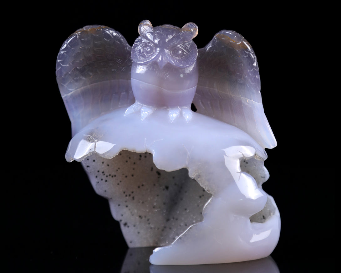 4.6" Blue Chalcedony Hand Carved Crystal Owl Sculpture crysvibe