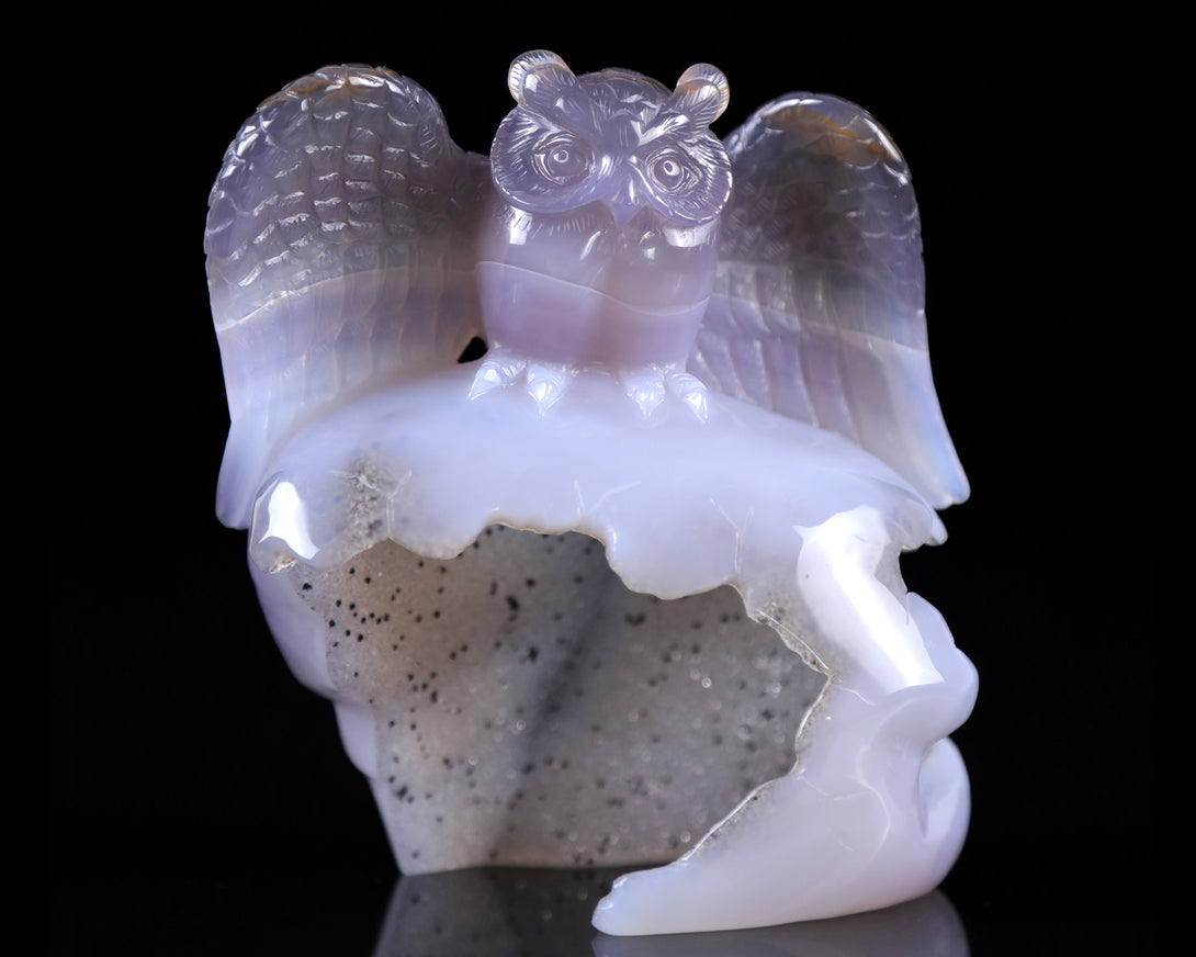 4.6" Blue Chalcedony Hand Carved Crystal Owl Sculpture crysvibe