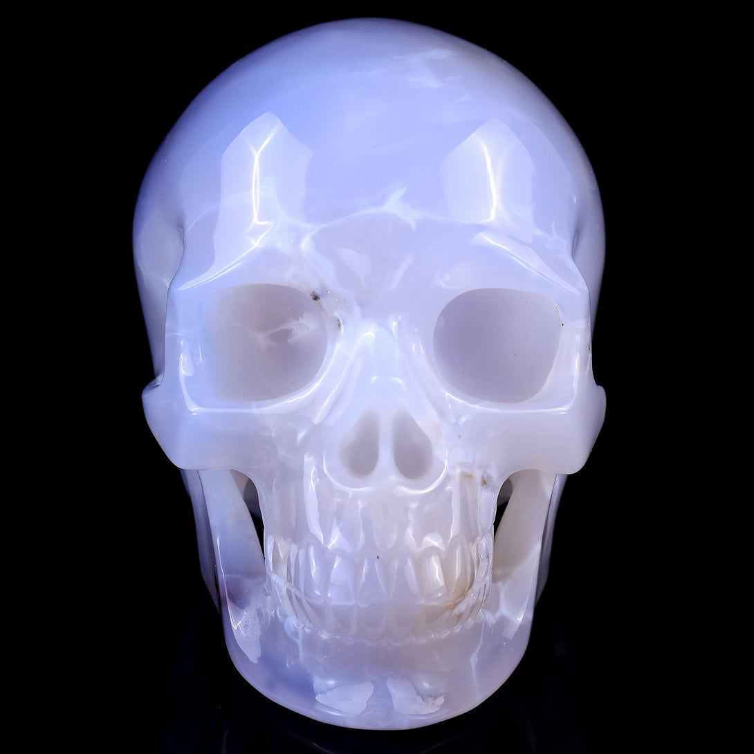 4.6" Blue Chalcedony Hand Carved Crystal Realistic Skull Sculpture crysvibe