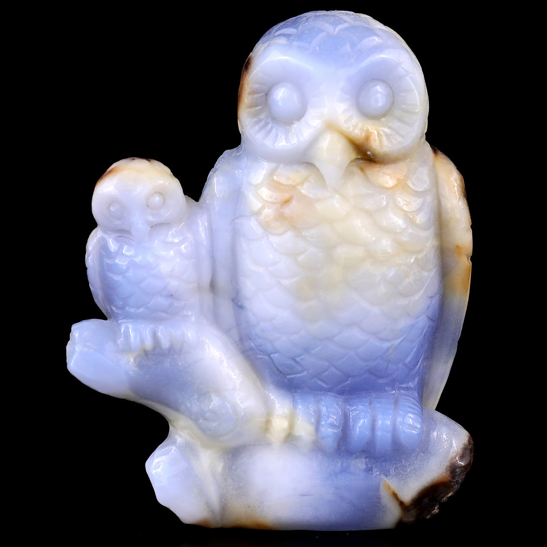 4.7" Blue Chalcedony Hand Carved Crystal Owl Sculpture crysvibe