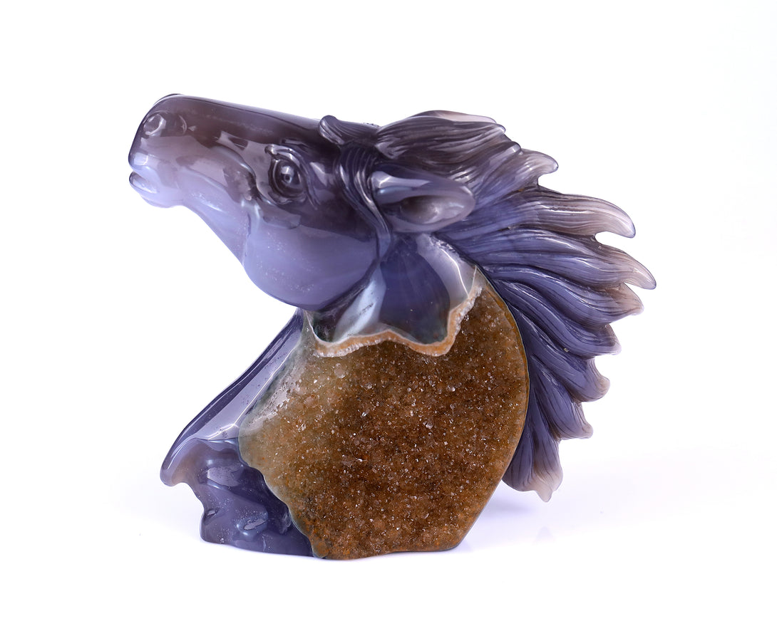 4.7" Geode Agate Hand Carved Crystal Horse Head Sculpture crysvibe