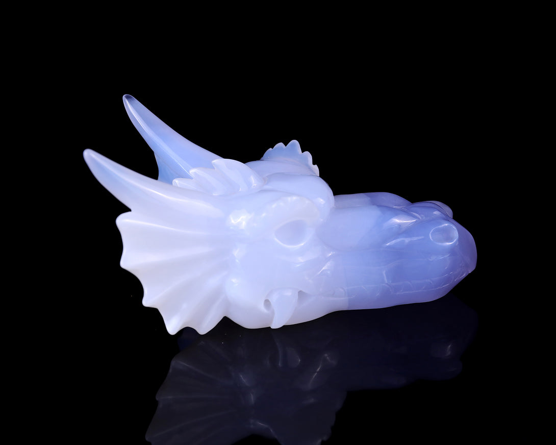 4.9" Blue Chalcedony Hand Carved Crystal Dragon Skull Sculpture crysvibe