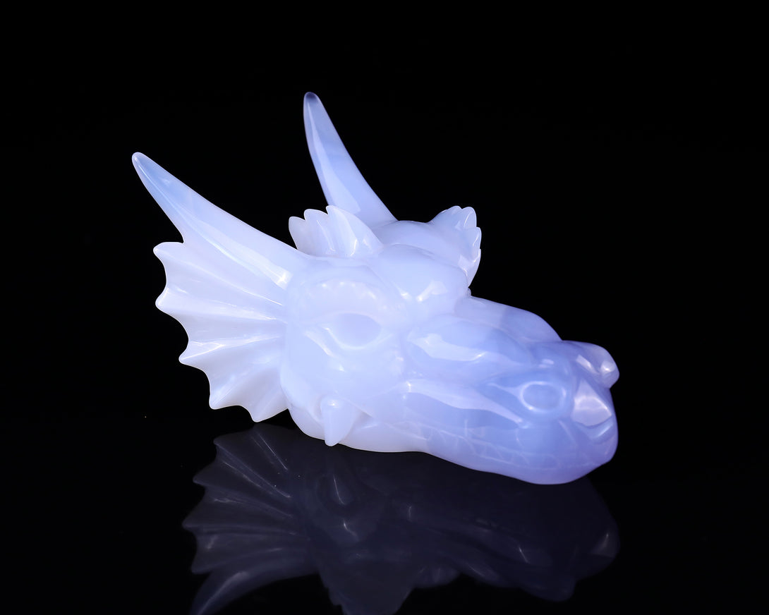 4.9" Blue Chalcedony Hand Carved Crystal Dragon Skull Sculpture crysvibe