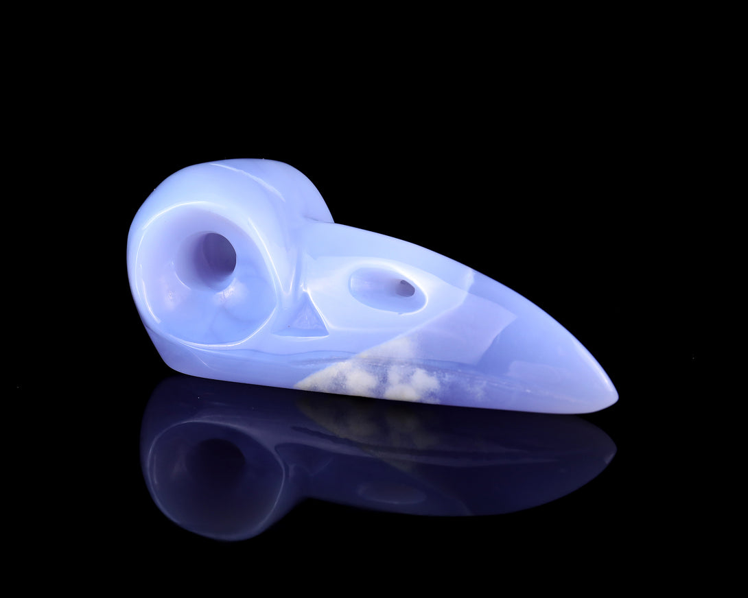 4.9" Blue Chalcedony Hand Carved Crystal Raven Skull Sculpture crysvibe