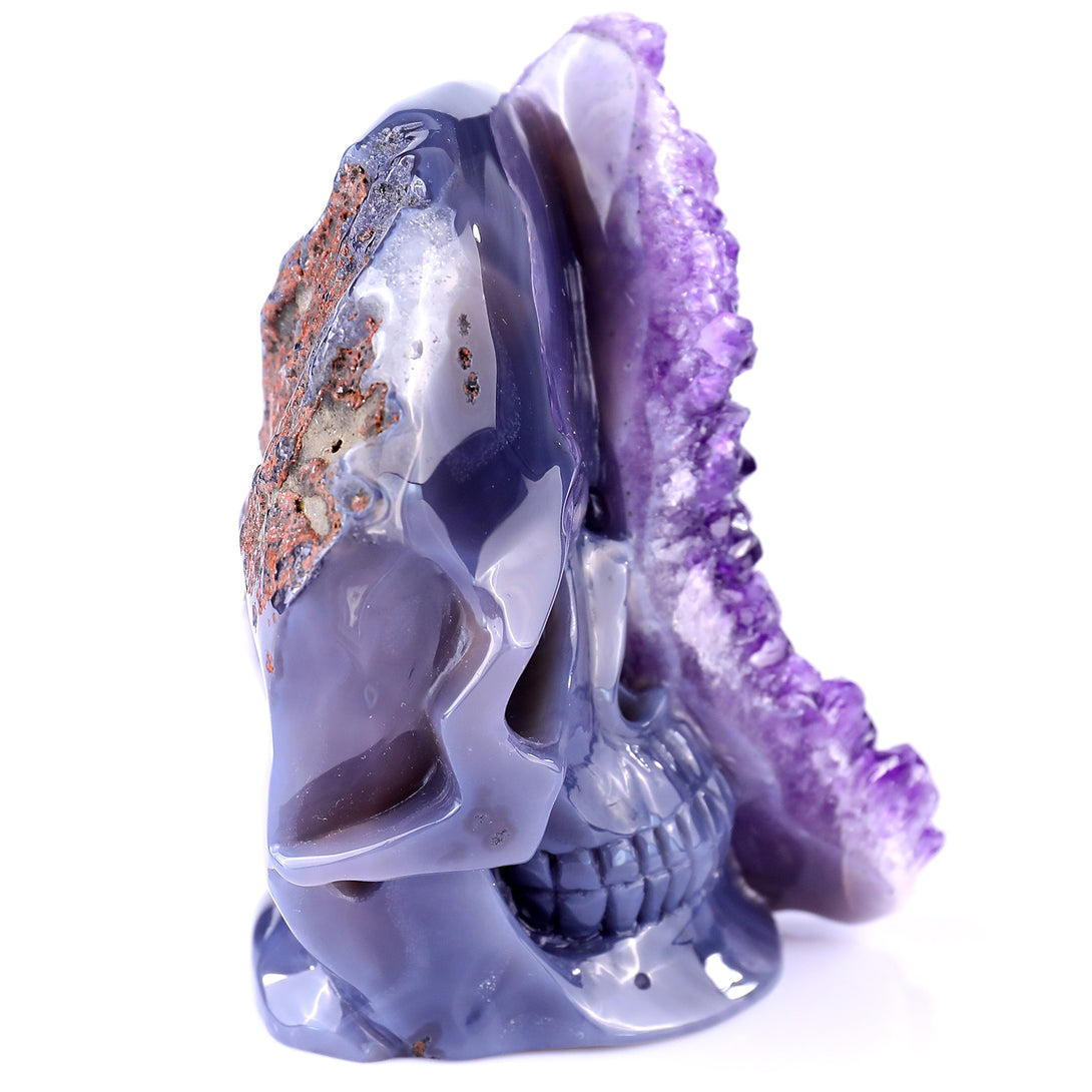 4.9” Natural Amethyst Druse Agate Hand Carved Crystal Geode Skull Sculpture crysvibe